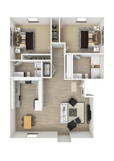 Floor plan for 2 beds, 2 baths, 954 sqft